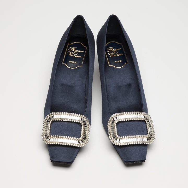 Roger Vivier Navy Blue Satin Bell Vivier Block Heel Pumps Size 37.5