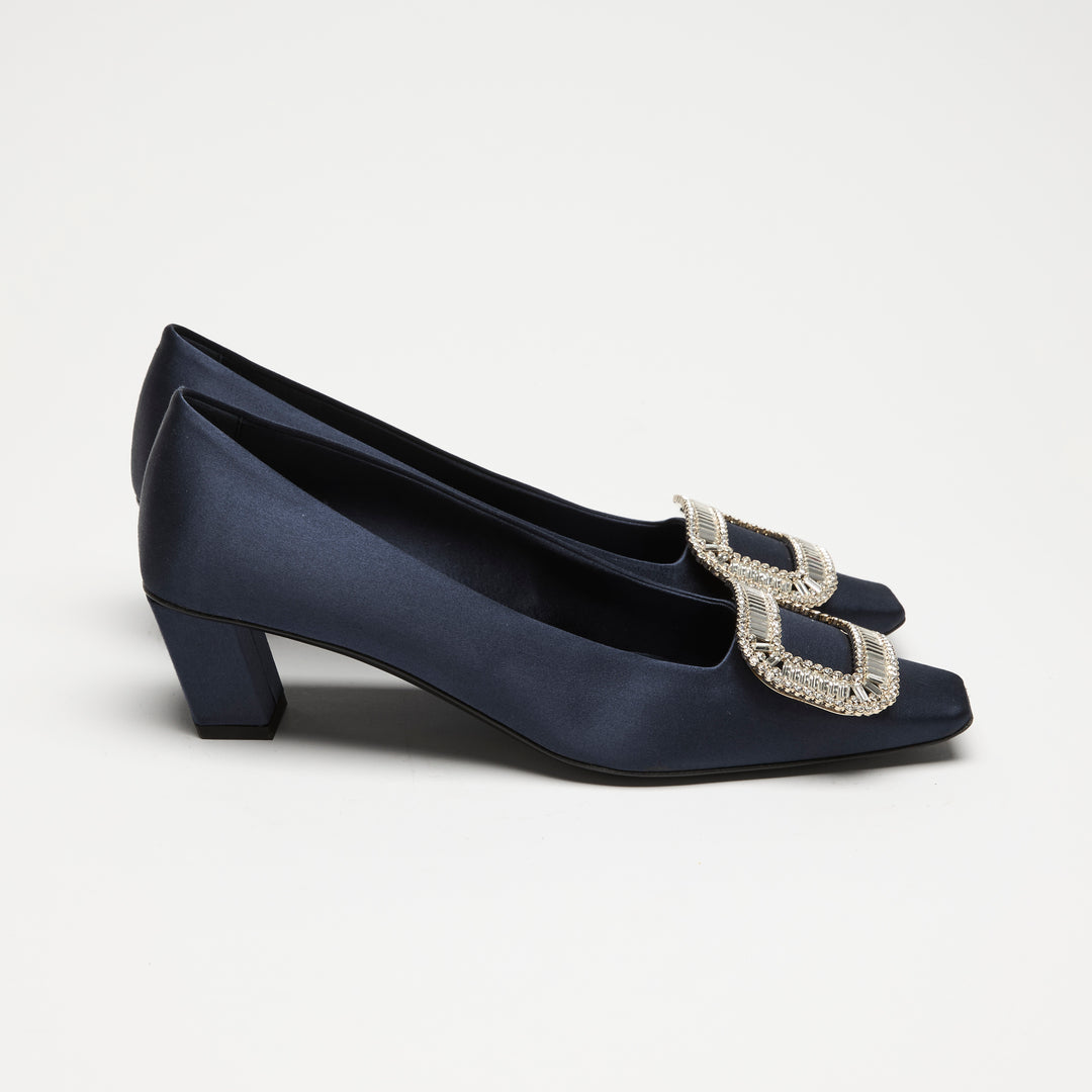 Roger Vivier Navy Blue Satin Bell Vivier Block Heel Pumps Size 37.5