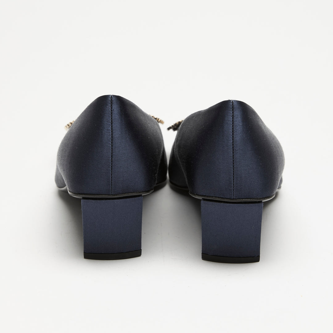 Roger Vivier Navy Blue Satin Bell Vivier Block Heel Pumps Size 37.5