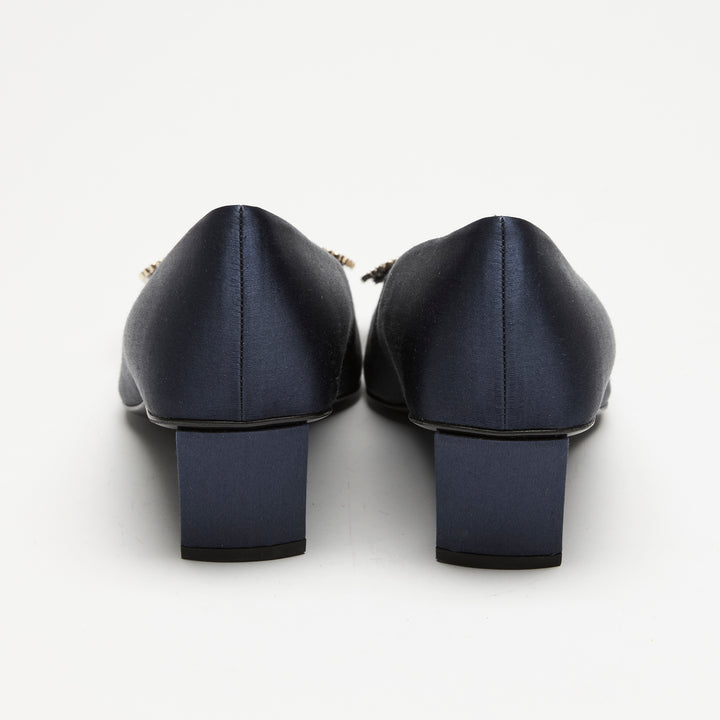 Roger Vivier Navy Blue Satin Bell Vivier Block Heel Pumps Size 37.5