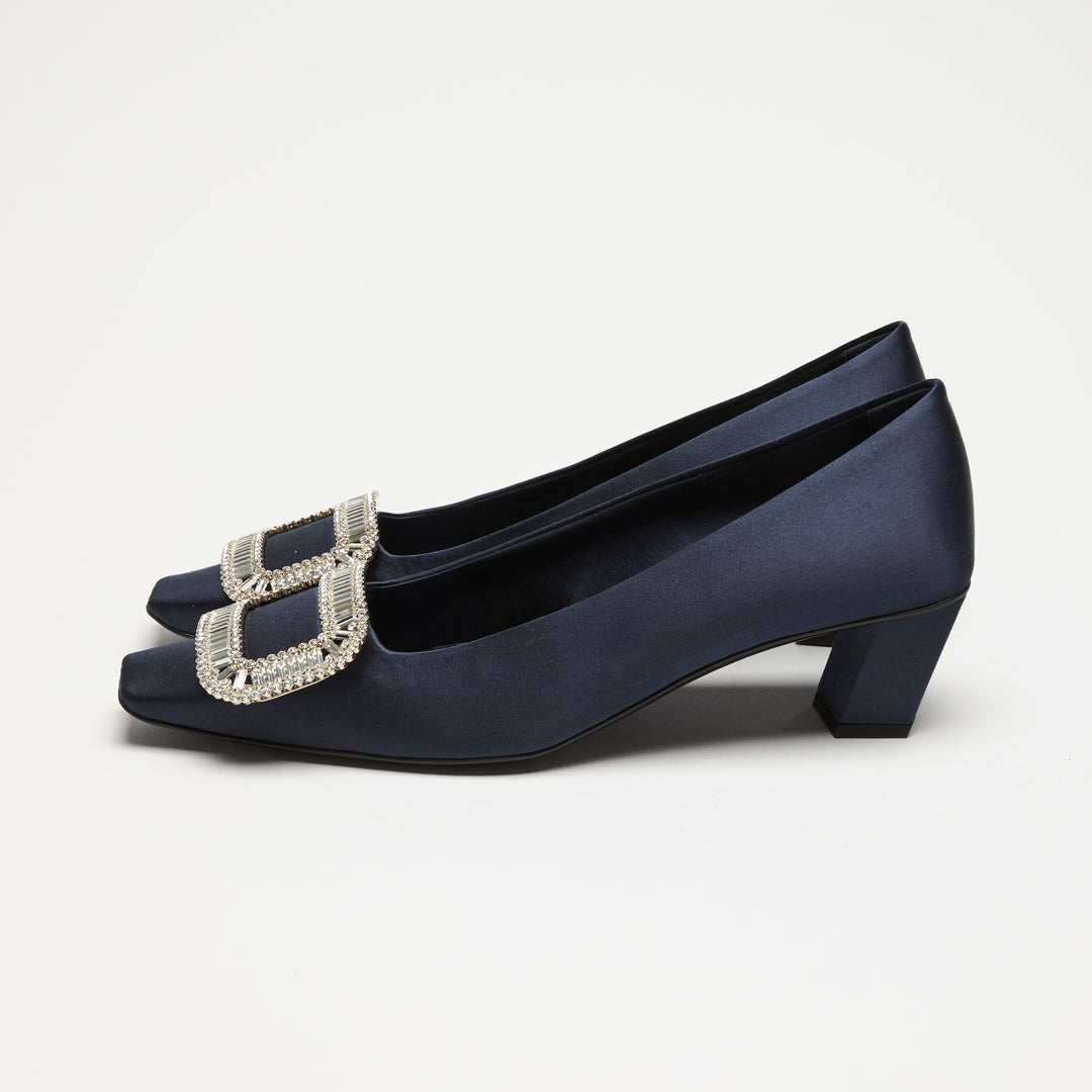 Roger Vivier Navy Blue Satin Bell Vivier Block Heel Pumps Size 37.5