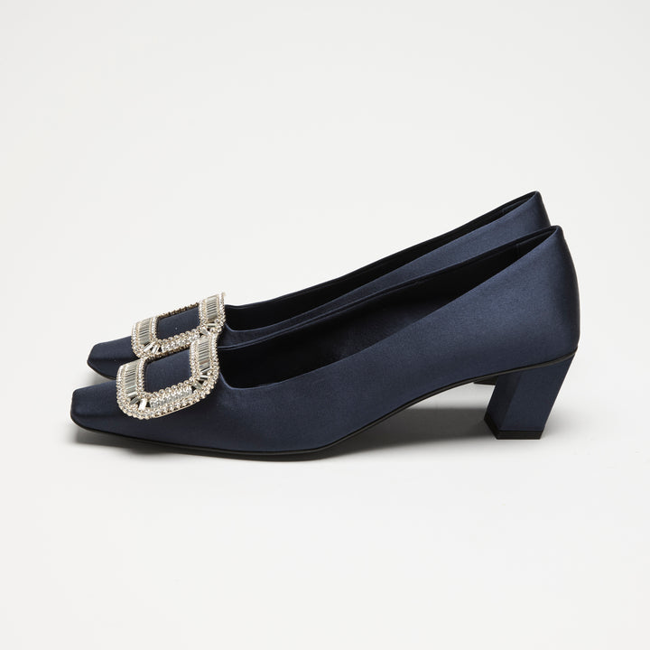 Roger Vivier Navy Blue Satin Bell Vivier Block Heel Pumps Size 37.5