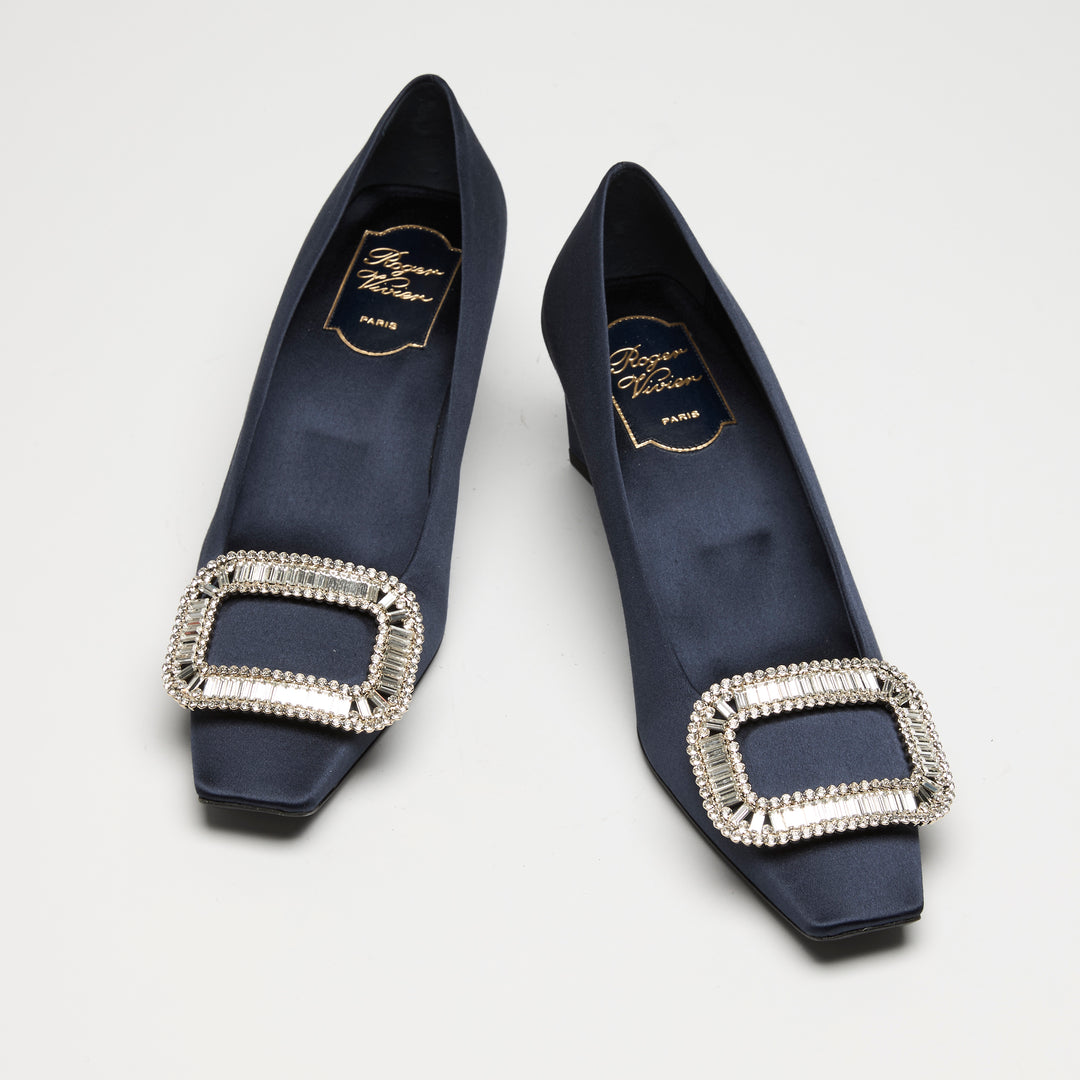 Roger Vivier Navy Blue Satin Bell Vivier Block Heel Pumps Size 37.5
