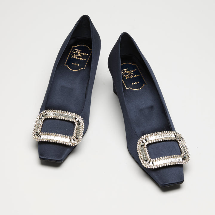 Roger Vivier Navy Blue Satin Bell Vivier Block Heel Pumps Size 37.5