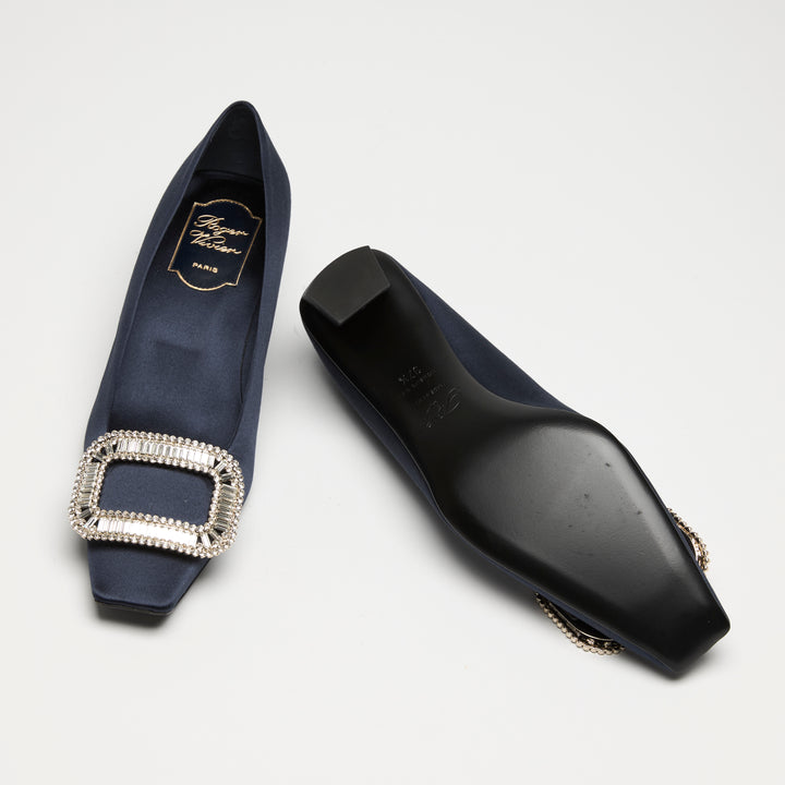 Roger Vivier Navy Blue Satin Bell Vivier Block Heel Pumps Size 37.5