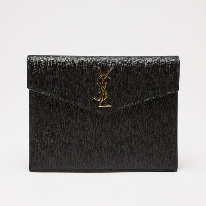 Saint Laurent Black Pebbled Leather Envelope Clutch