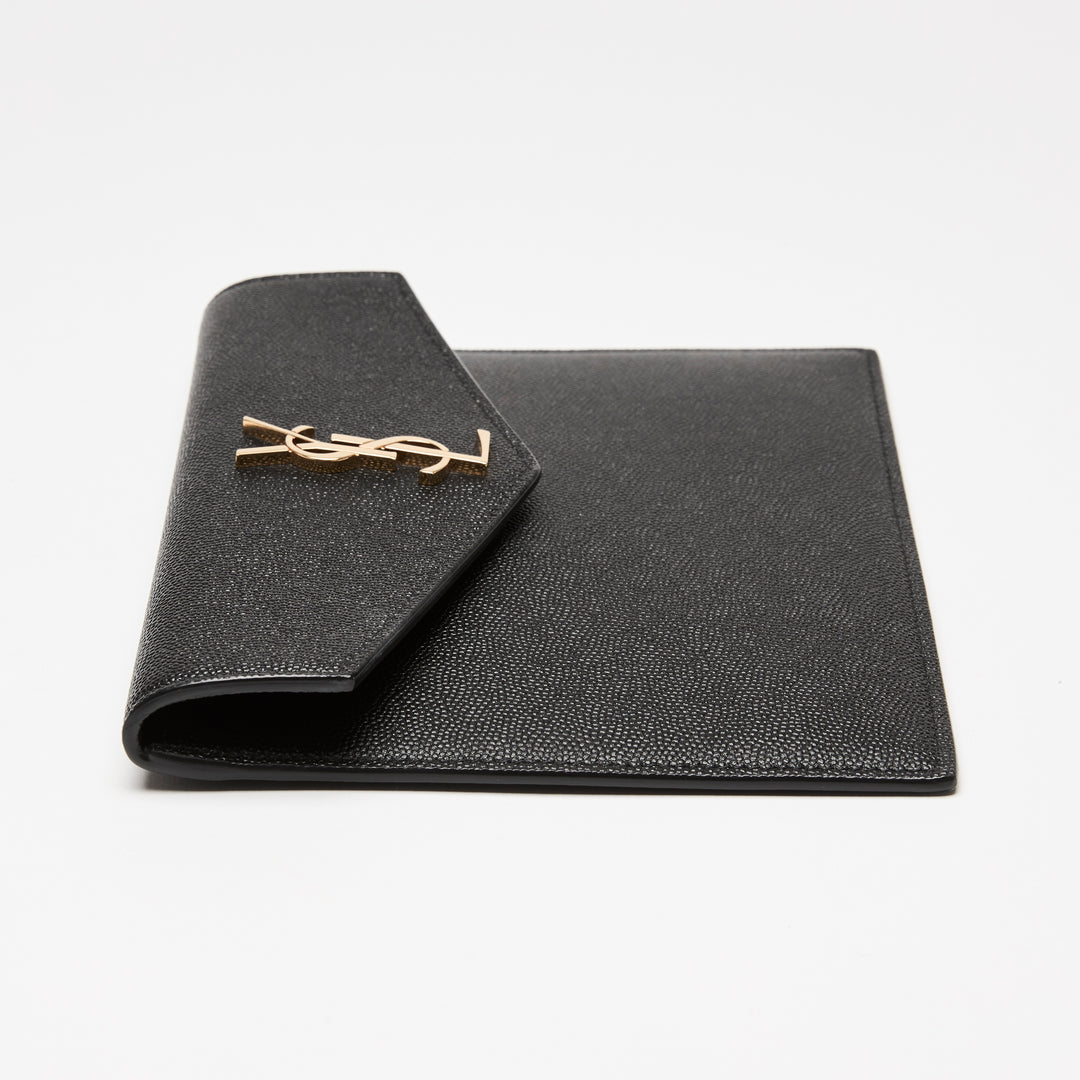 Saint Laurent Black Pebbled Leather Envelope Clutch