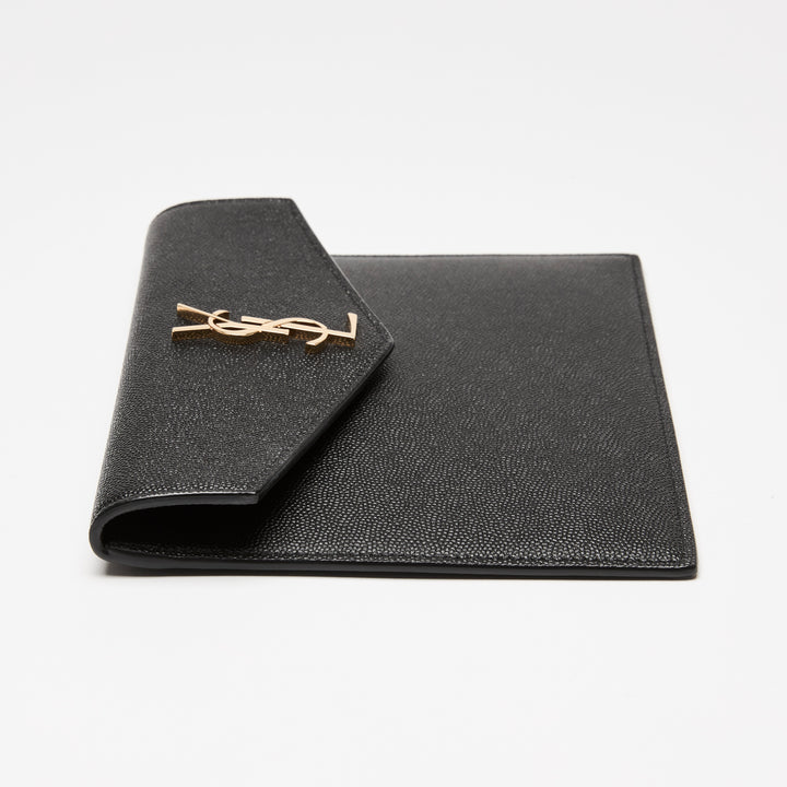 Saint Laurent Black Pebbled Leather Envelope Clutch