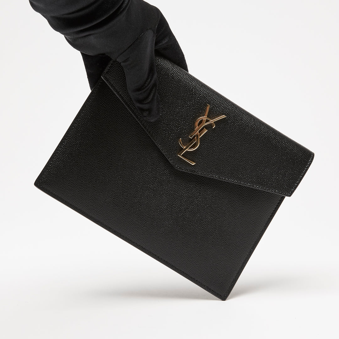 Saint Laurent Black Pebbled Leather Envelope Clutch