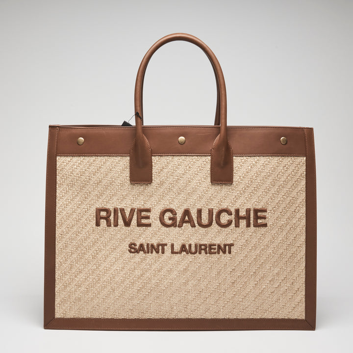 Saint Laurent Brown Calf Leather & Raffia Rive Gauche Tote