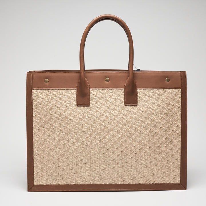 Saint Laurent Brown Calf Leather & Raffia Rive Gauche Tote