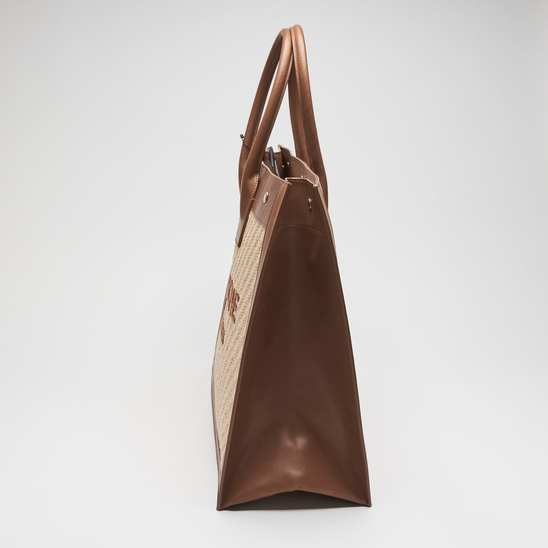 Saint Laurent Brown Calf Leather & Raffia Rive Gauche Tote