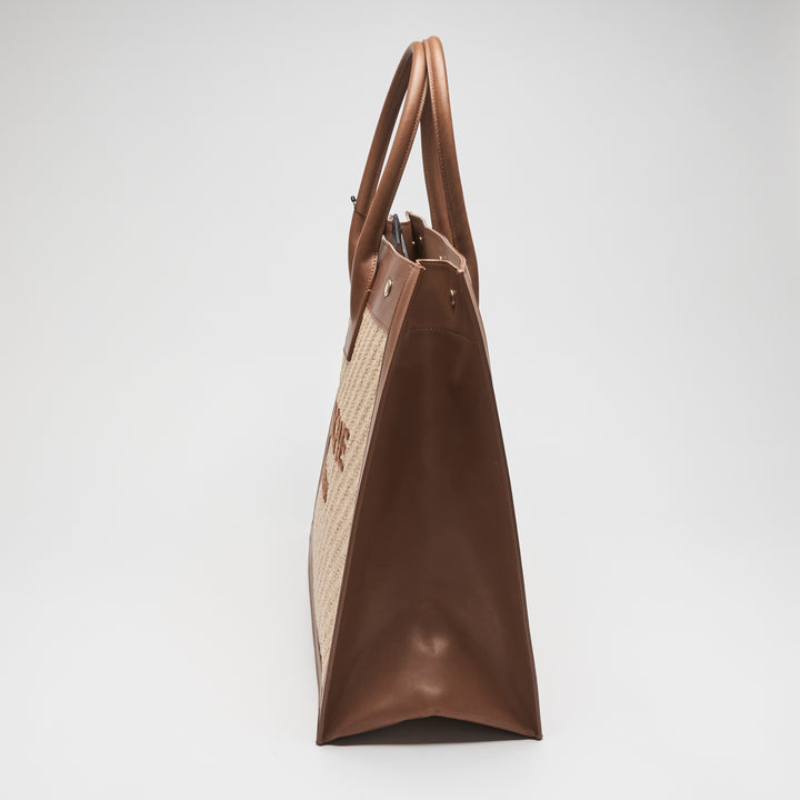 Saint Laurent Brown Calf Leather & Raffia Rive Gauche Tote