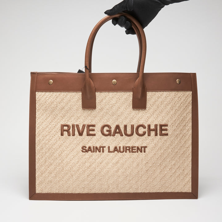 Saint Laurent Brown Calf Leather & Raffia Rive Gauche Tote