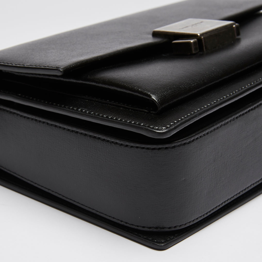 Excellent Pre-Loved Black Smooth Leather Top Handle Flap Over Shoulder Bag with Aged Silver Tone Hardware. (corner)