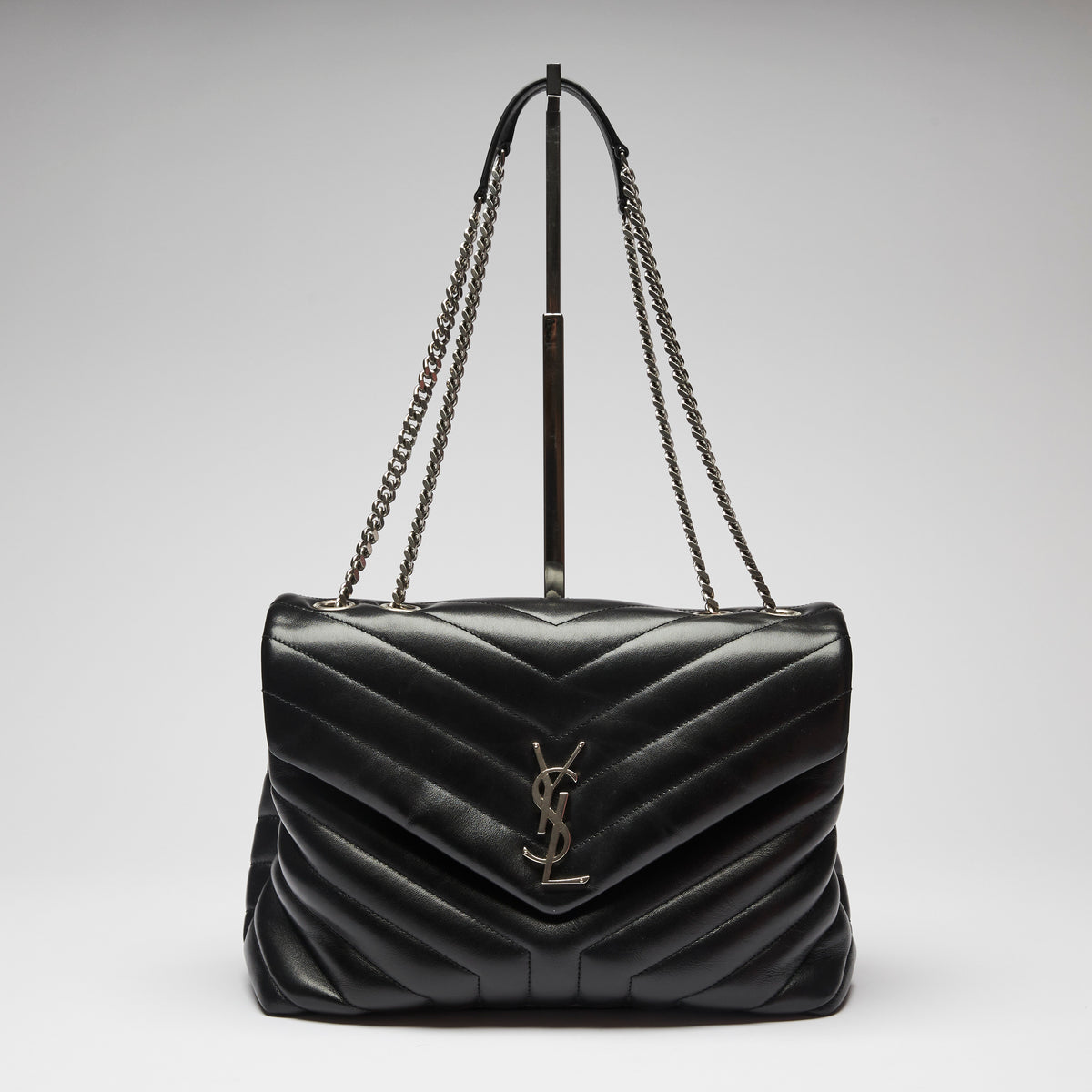 Excellent Pre-Loved Black Chevron Stitched Flap Bag with Shoulder Chain. (front)