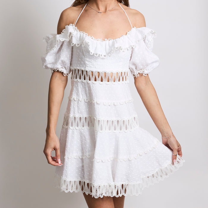 Zimmerman White Off-Shoulder Halter Neck Cut Out Mini Dress