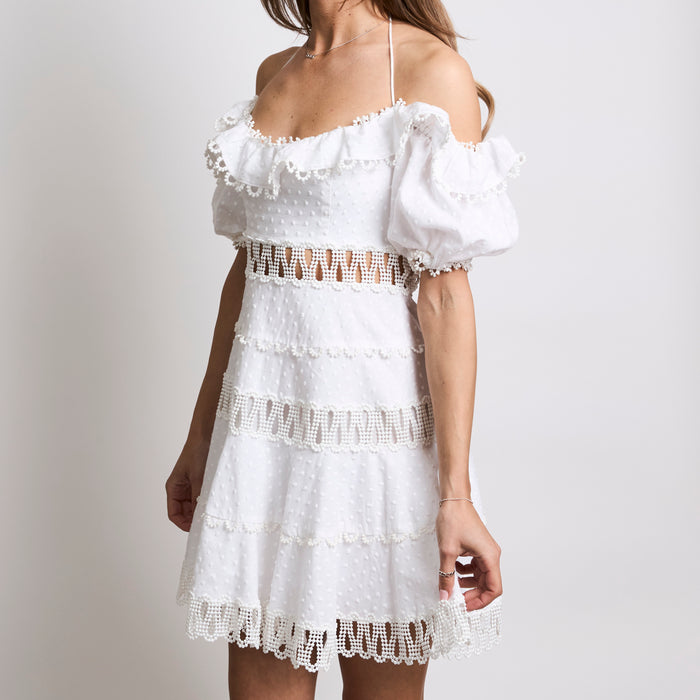 Zimmerman White Off-Shoulder Halter Neck Cut Out Mini Dress