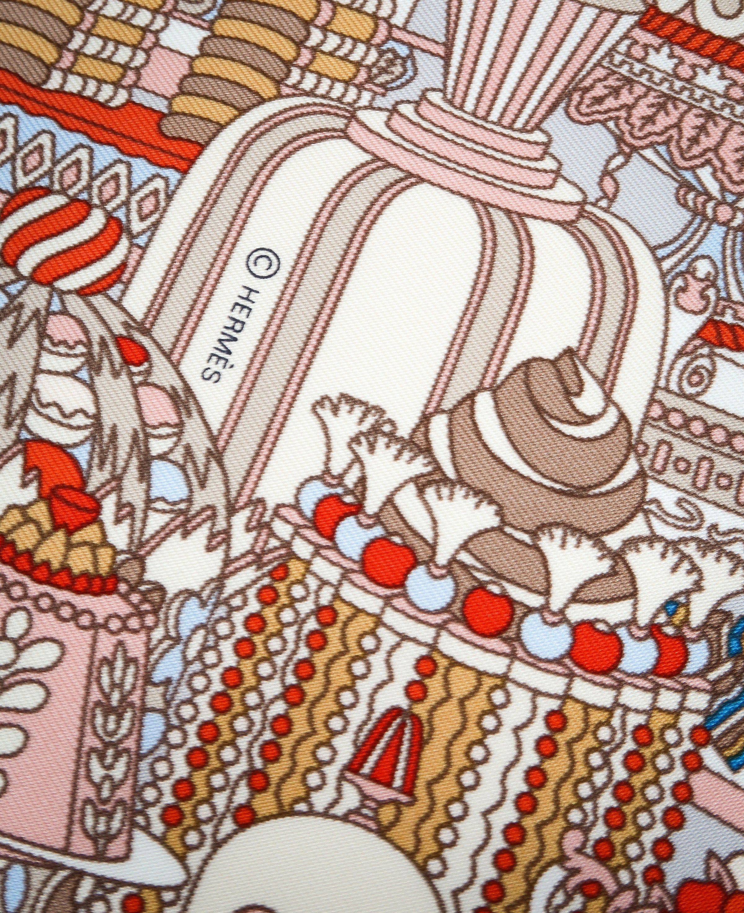 light grey silk scarf with multicolor pattern (close up pattern view)