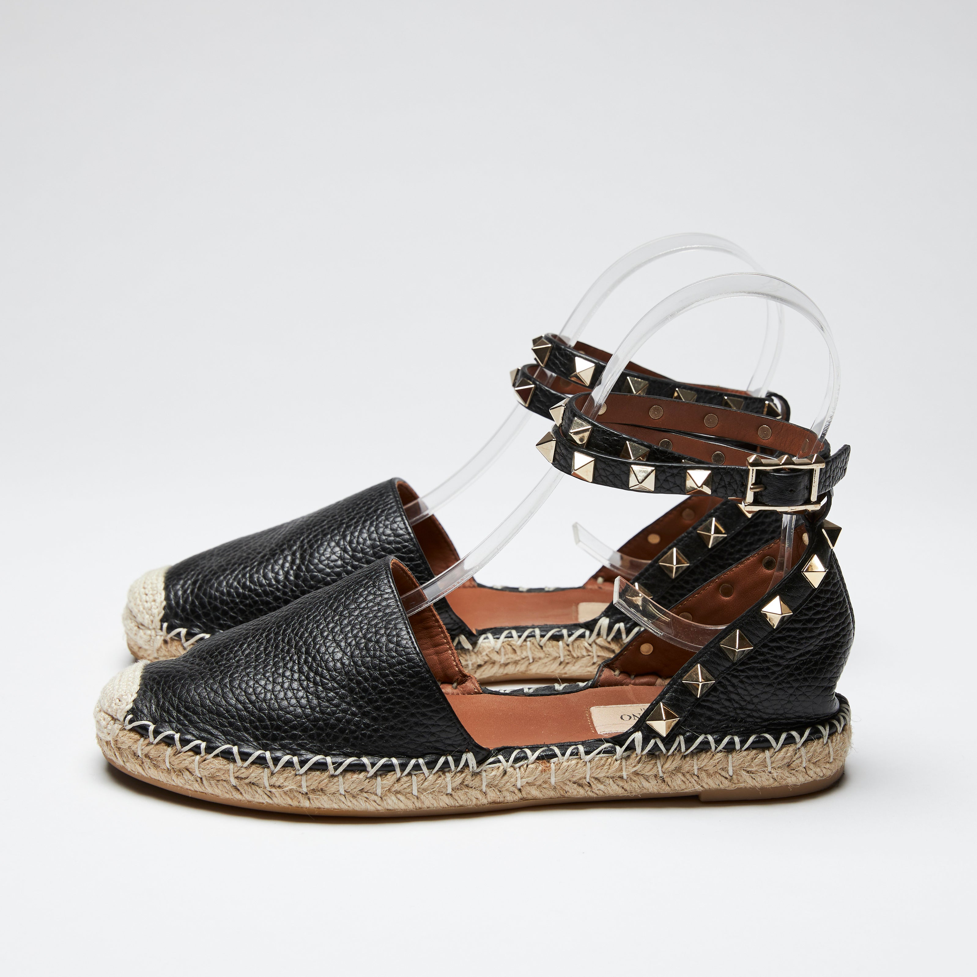 Valentino Rockstud Black Leather Espadrilles with Ankle Strap | Finds Consignment